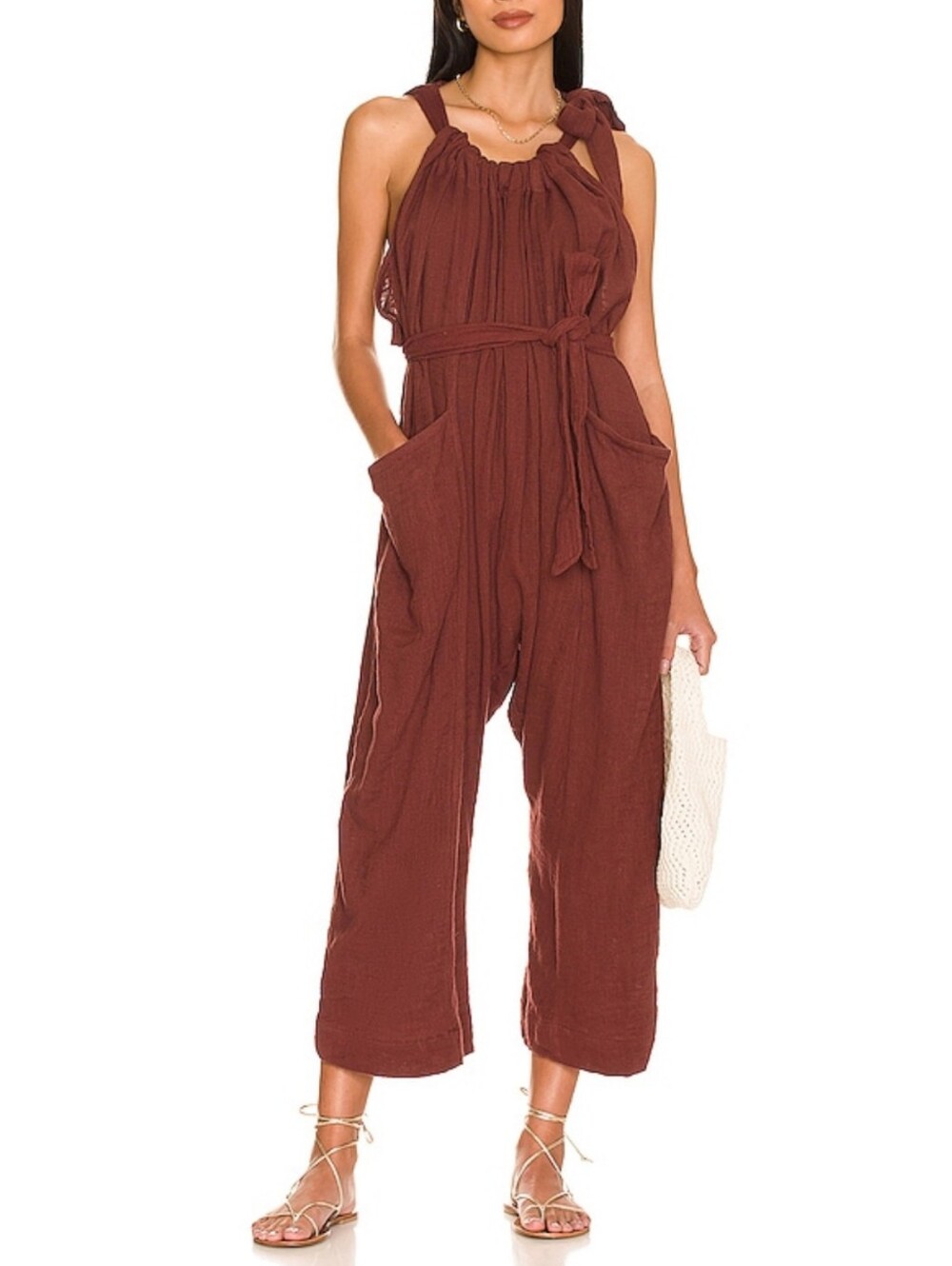 Free People Henriette One Piece Jumpsuit XS Rum Raisin Brown Cotton Gauze Boho